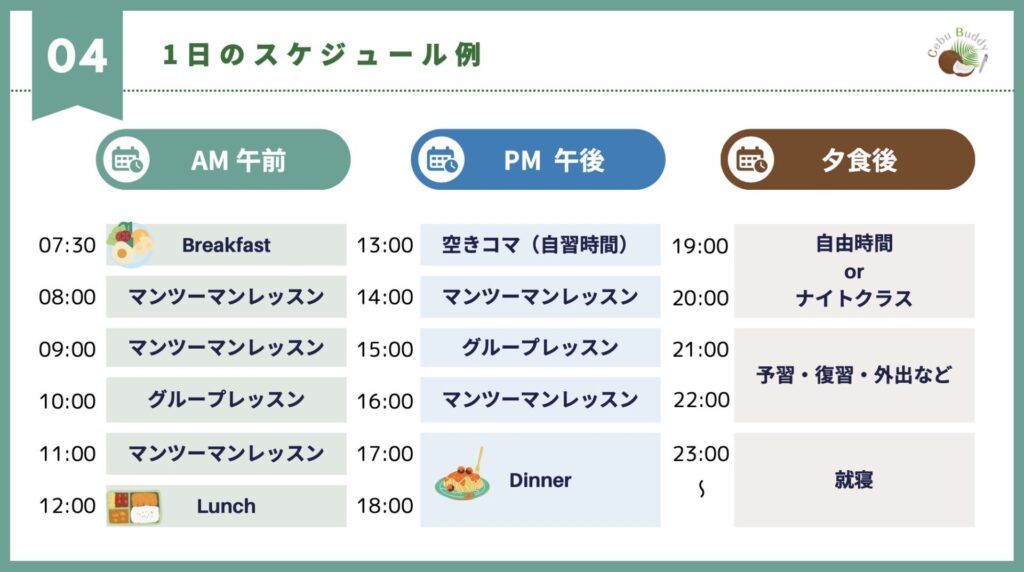 フィリピン・セブ島留学の一日のスケジュール例