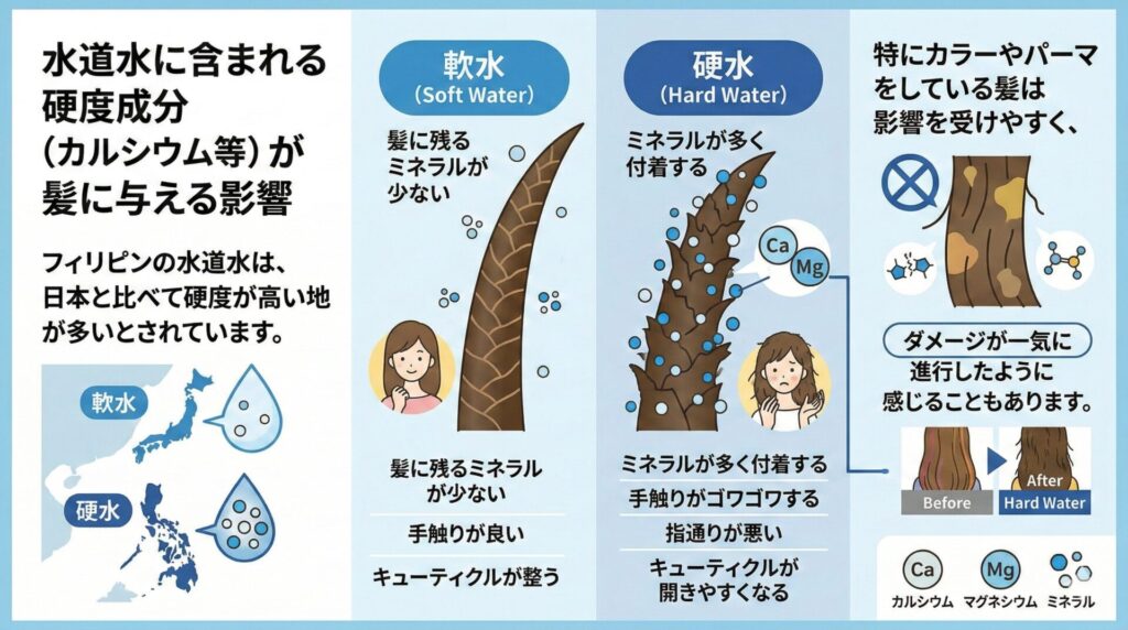 水道水に含まれる硬度成分（カルシウム等）が髪に与える影響