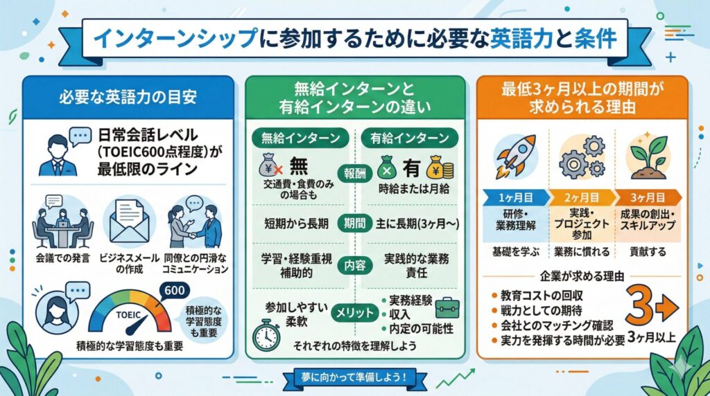 インターンシップに参加するために必要な英語力と条件